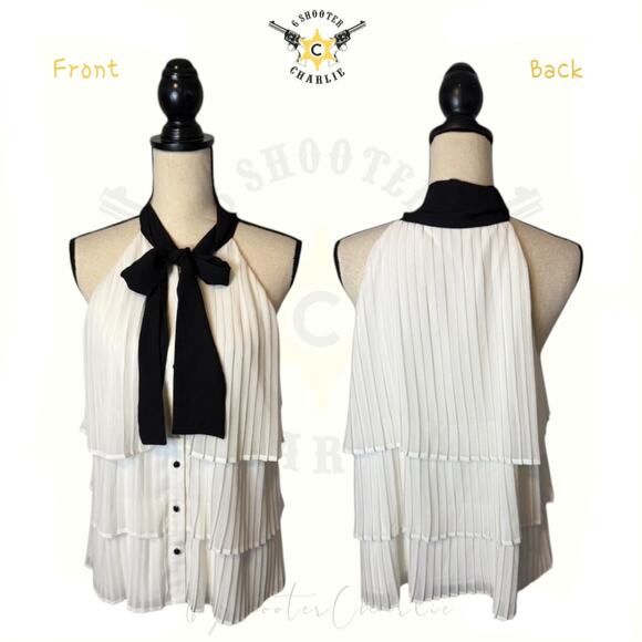 White House Black Market Tops - White House Black Market Bow-Neck Pleated Blouse Womens Size 12 White/Black